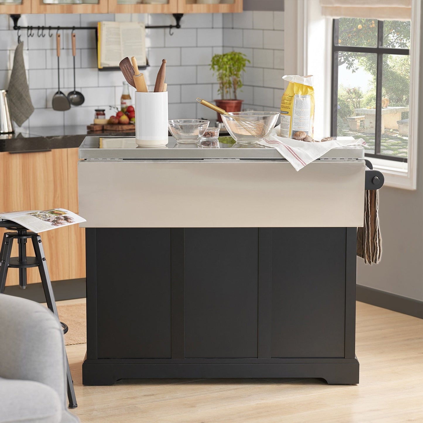 SoBuy - Keukeneiland met Uitbreidbaar Werkblad - 115x92x46-71 cm - Zwart