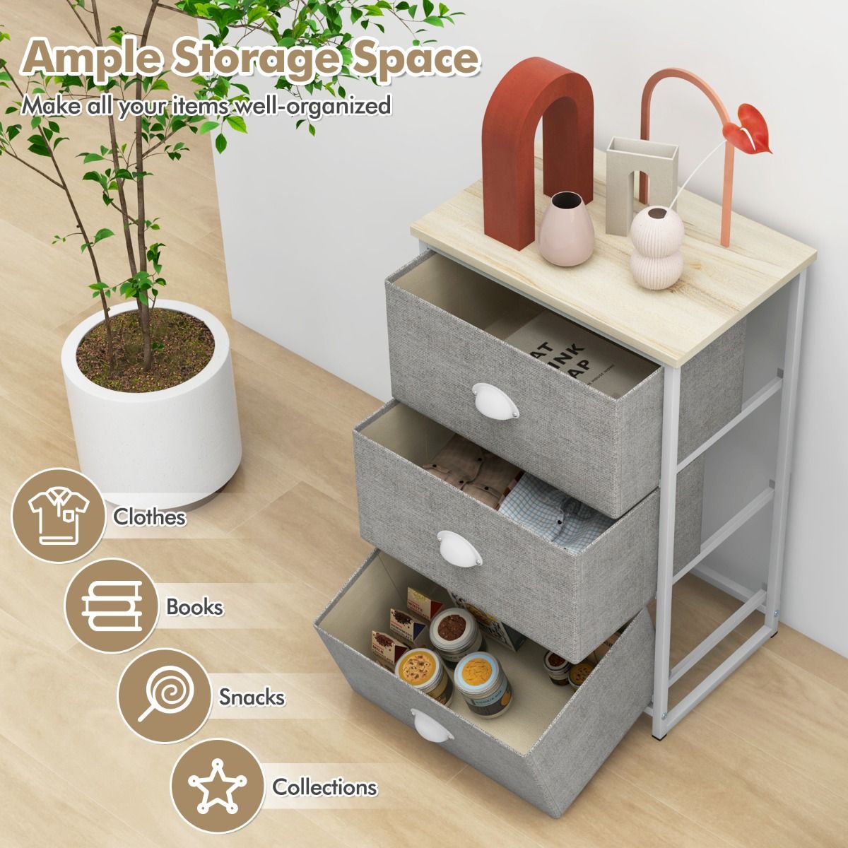 Coast Ladekast met 3 lades - Opbergmeubel met inklapbare lades - Metalen frame - Wit en lichtgrijs