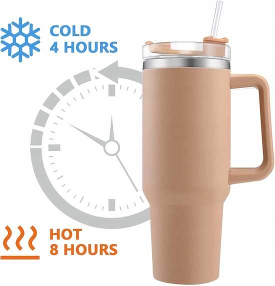 Merkloos Thermosbeker 1200ml RVS met Riet & Handvat - Nude