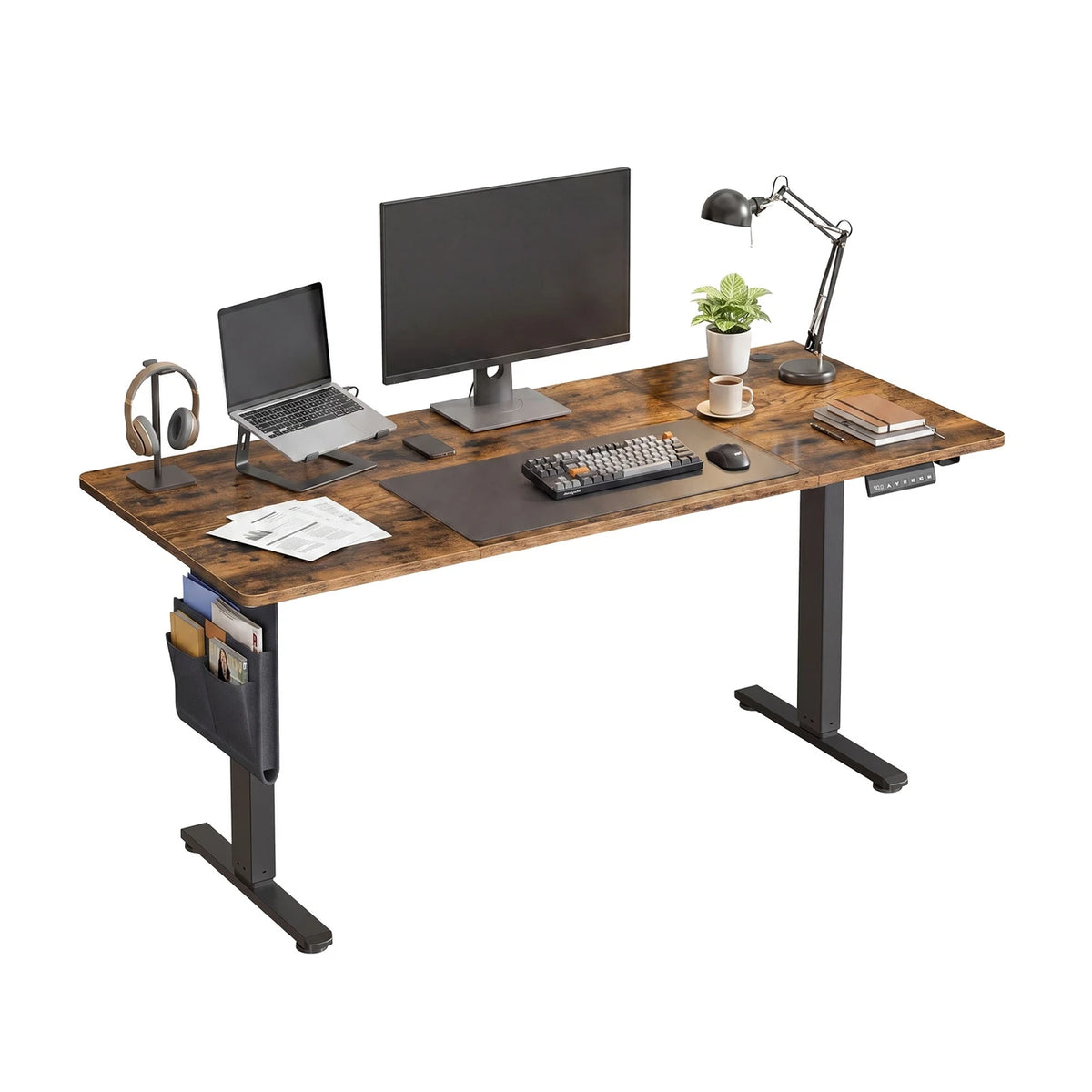 Joyfurnos Elektrisch Zit-Sta Bureau 140 x 60 cm - In Hoogte Verstelbaar met Geheugenfunctie - USB-C - Bruin
