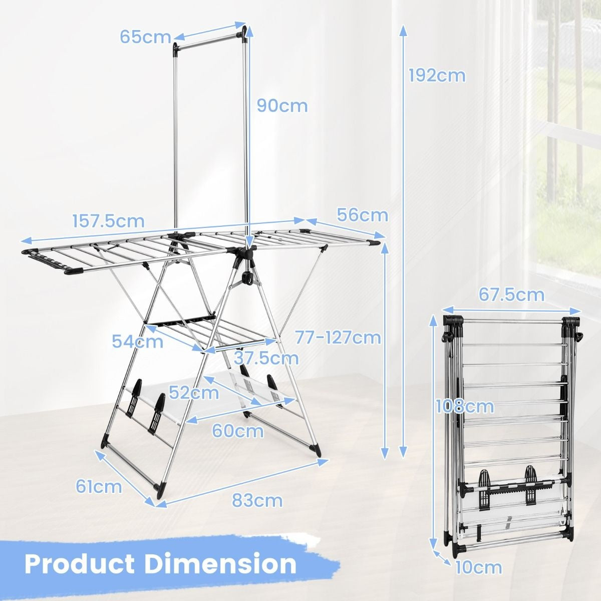 Coast Droogrek met Hangrek - 158 x 61 x 192 cm - Zilver