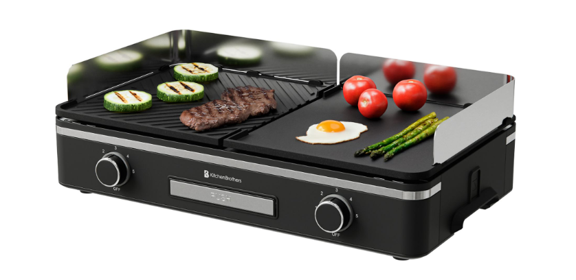 KitchenBrothers Elektrische Grillplaat KB4204 - 2400W - 2 Zones - Geribbeld & Vlak - Zwart - 50x30 cm