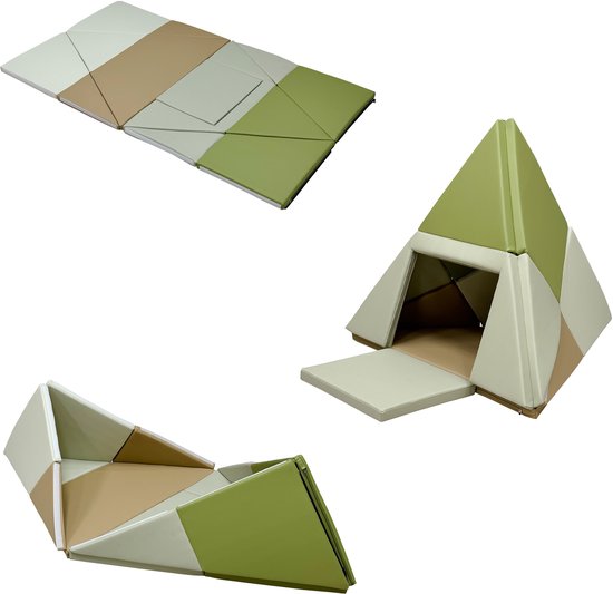 Sunny Davi Foam Speelset – Opvouwbare Foam Mat– Bouwset, Tent & Speelmat – Speeltent in Beige en Groen – Softplay - Montessori Speelgoed – Vanaf 12 maanden – Veilig Spelen