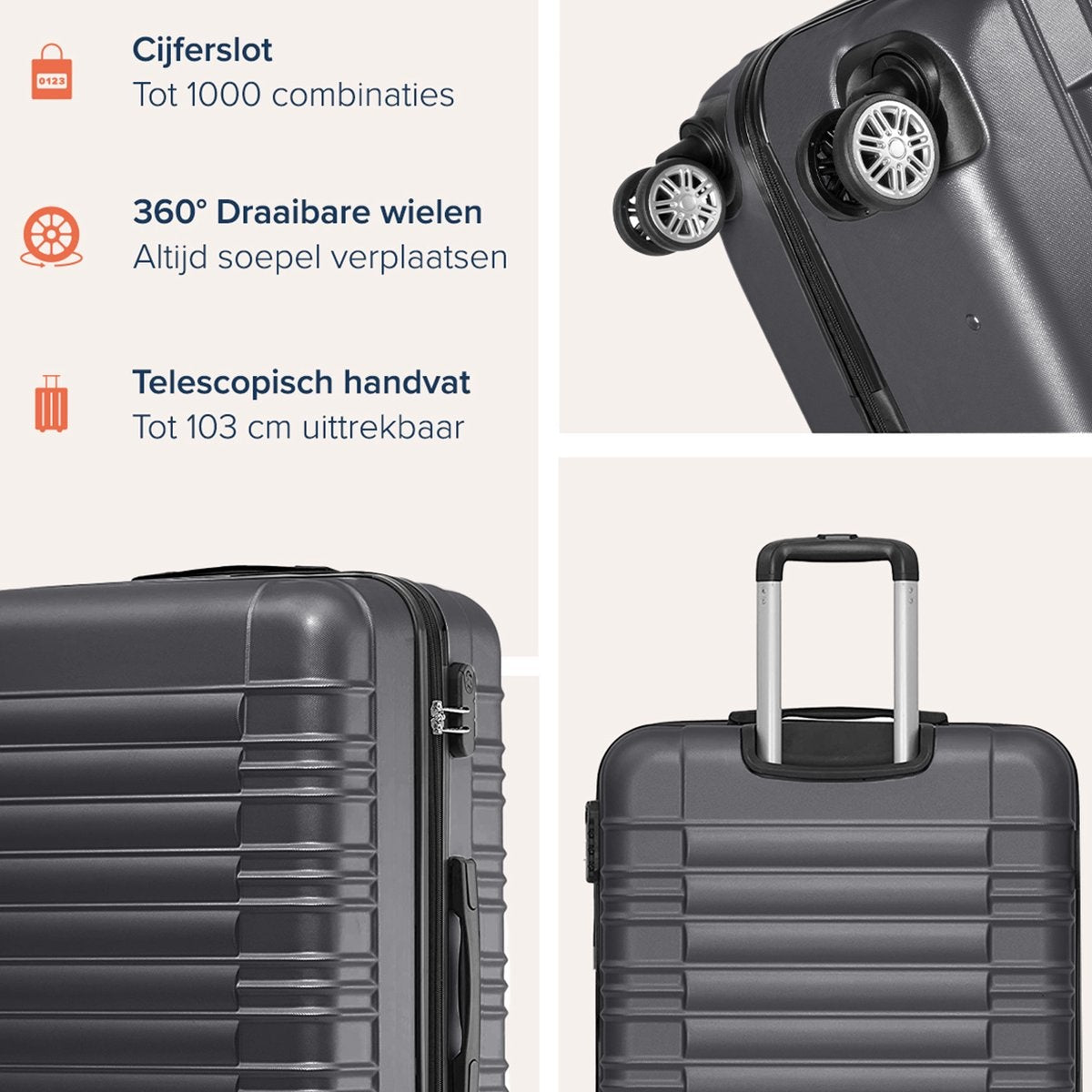 TRVLMORE Kofferset - 3 Delig - Complete Set - 38L Handbagage + 70L en 110L Ruimbagage - Donkergrijs