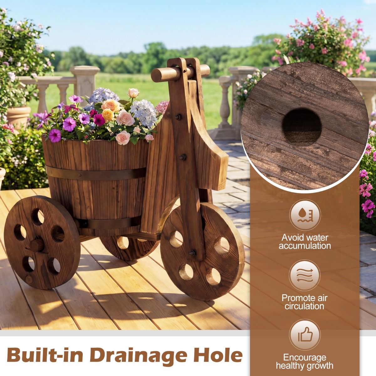 Coast Houten driewielige plantenbak - tonvormig - met afwateringsgat - bruin 47 x 32 x 43,5 cm