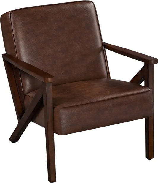 Yaheetech Vintage Fauteuil van Kunstleer met Massief Houten Poten - Donkerbruin - 78 x 67 x 79,5 cm
