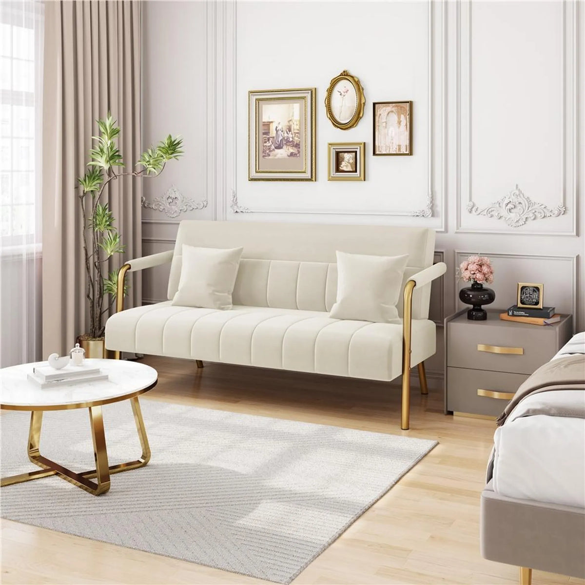 2-zits Gestoffeerde Bank met Armleuningen en Metalen Poten Beige 143,5 × 71,5 × 75,5 cm