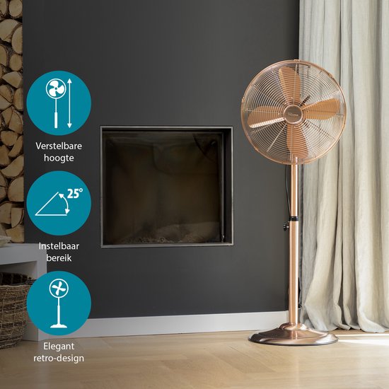Tristar Retro Statiefventilator 40 cm – 50W – 3 Snelheden – 85° Oscillatie – Met Hoogteverstelling – Koperkleur – VE-5971