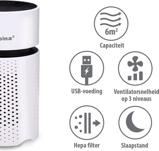 alpina Mini Luchtreiniger met HEPA Filter H13 - Air Purifier met Ionisator voor Ruimtes 6m2 - Lucht Reiniger met USB voor Binnen en Onderweg - Air Cleaner 1.5W - Wit