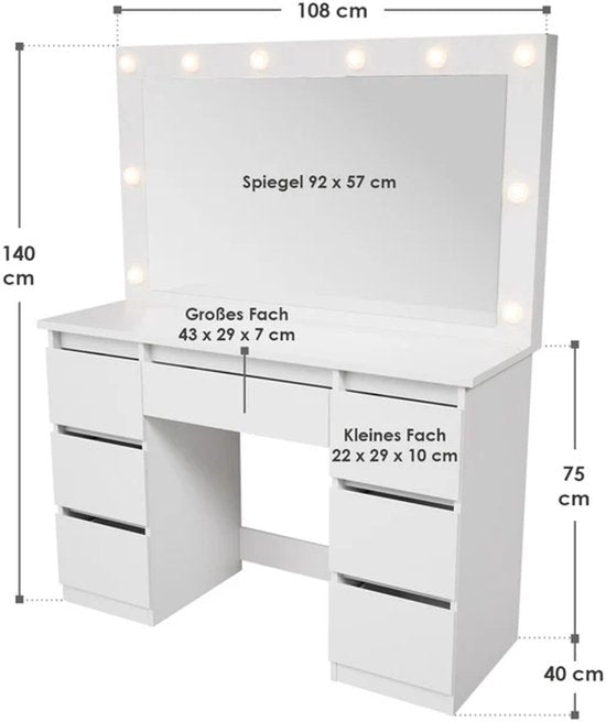 Kaptafel / Schminktafel Lilia - Incl. LED en Lades - Wit