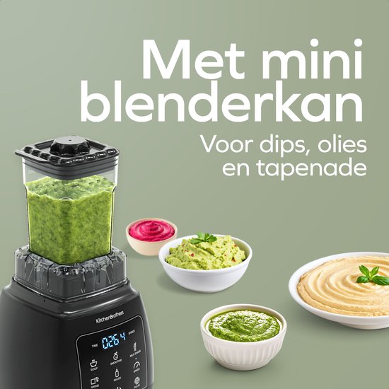 KitchenBrothers 2-in-1 Power Blender - 1600W - BPA-vrij - 2L - Complete Set met Hakmolen en To-go Beker - Smoothie Maker - IJscrusher - Zwart