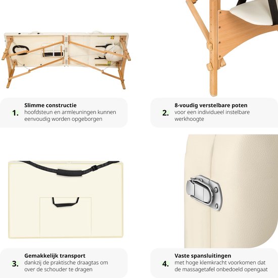 tectake® - Mobiele massagetafel behandeltafel - 3 zones - 5 cm dik - incl. zwarte draagtas - beige - 401465