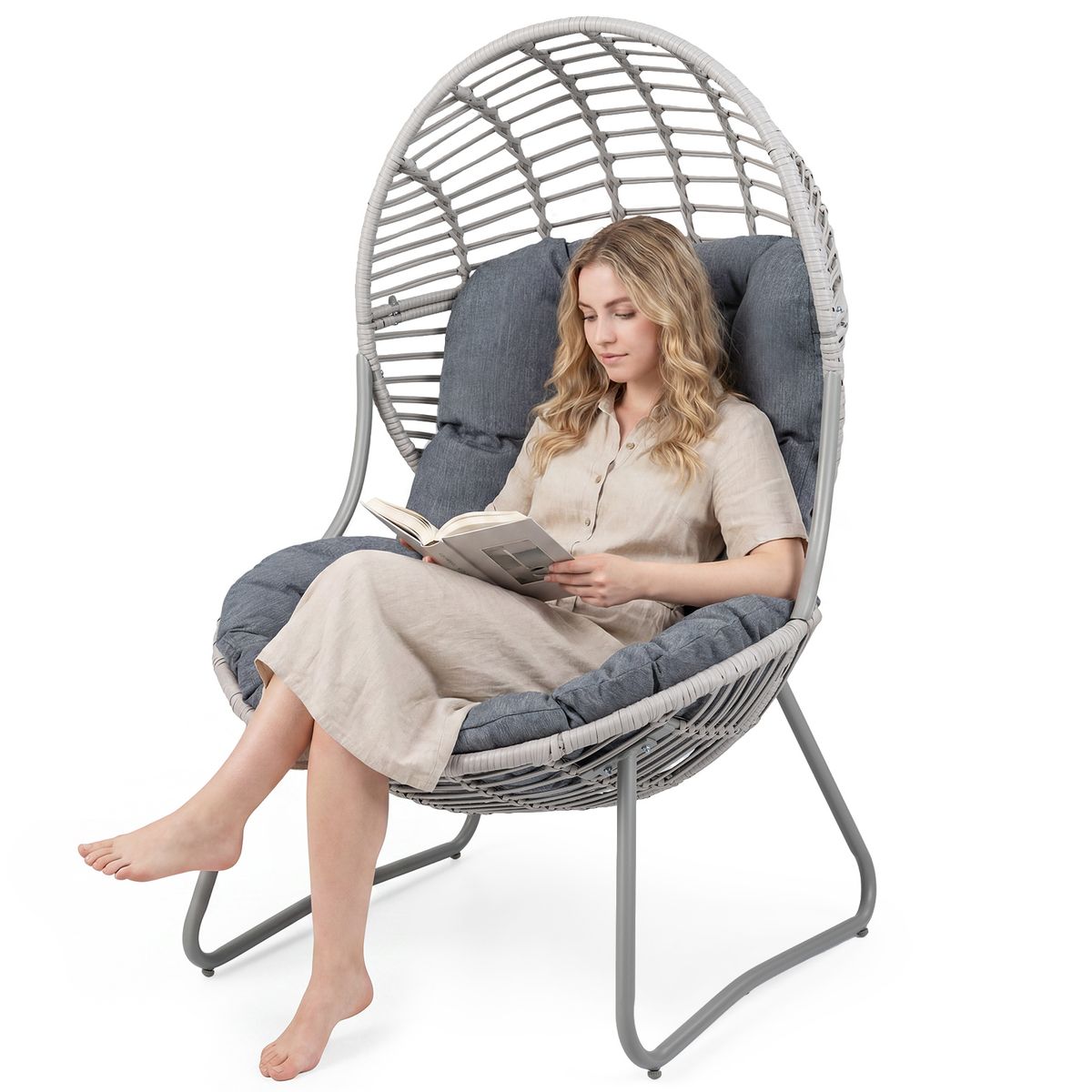 Coast Loungestoel van rattan - ei-vormig ontwerp - afneembare kussens - grijs