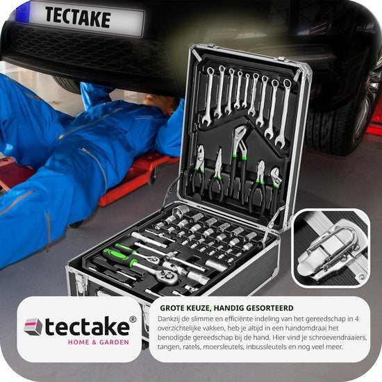 tectake® gereedschapskoffer, gereedschapsset, gereedschapskoffer gevuld 1200-delig, gereedschapstrolley, gereedschapskist met 4 niveaus, aluminium koffer met wielen en telescoophandgreep - zwart