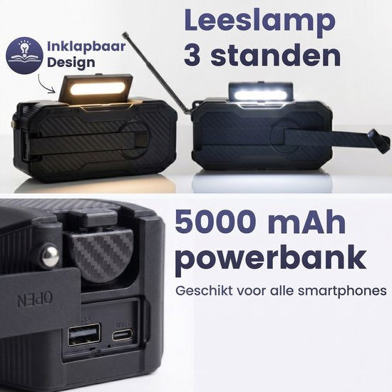 Noodradio Solar Opwindbaar - FM / AM Nood Radio - 5000 mAh Powerbank Zonneenergie - Bouwradio Speaker - Badkamer Radio - Noodpakket