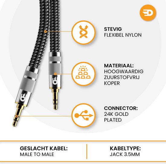 Premium AUX Kabel 3.5 mm - Nylon Audiokabel - Verguld - Mannetje naar Mannetje - Zilver - 3 meter