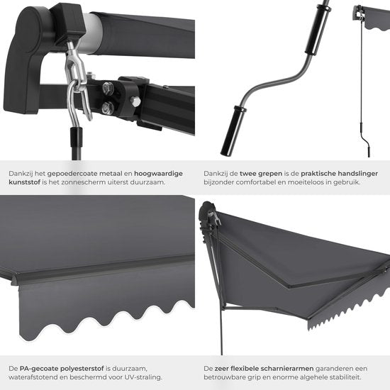 tectake® Zonnescherm met Knikarm - 300 x 250 cm - Zonneluifel - Zonwering voor Raam, Balkon, Buiten - Te Monteren aan Muur - Water- en UV-Bestendig - Donkergrijs