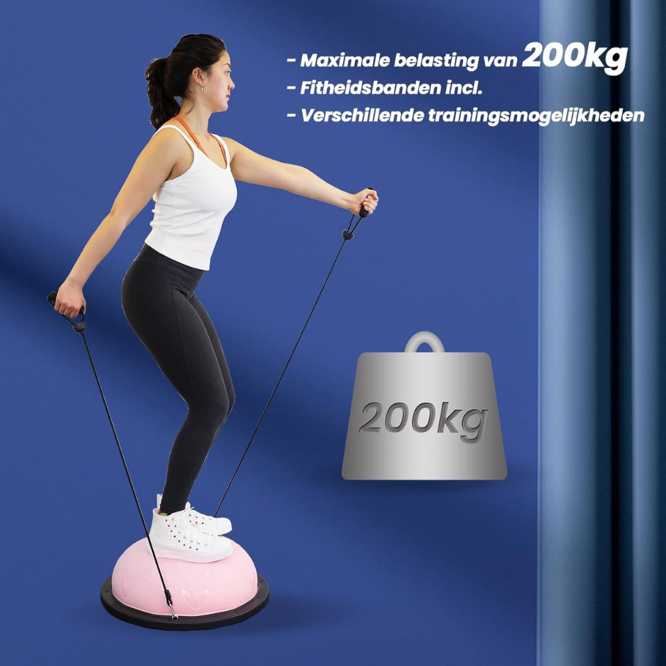 DH FitLife Balansbal – Yoga Balanstrainer Ø60 x 22 cm – Tot 200 kg Belastbaar – Halve Gymbal / Fitness Balance Board – Inclusief Pomp & 2 Fitnessbanden – Roze