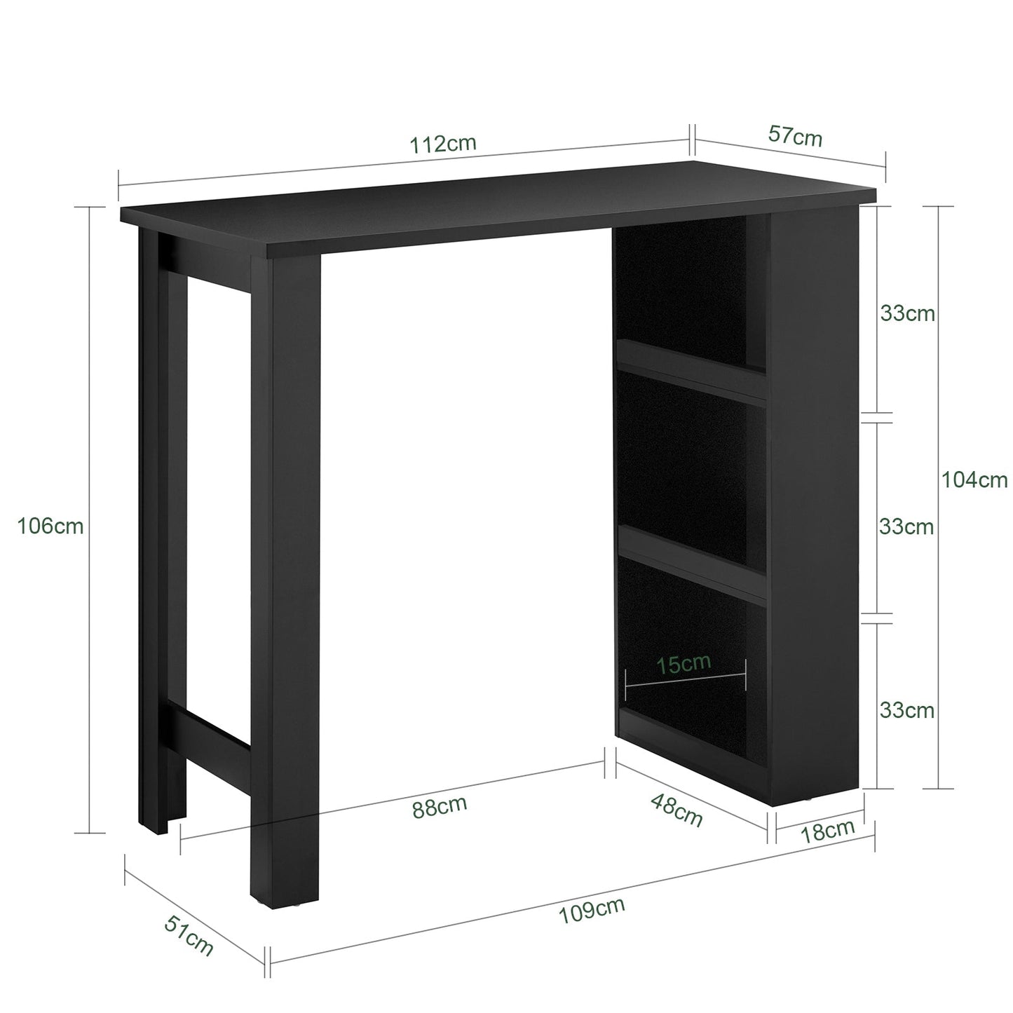 SoBuy FWT17-II-SCH Hoge Keukentafel – Staande Bartafel met Opbergrekken voor Kleine Ruimtes – Zwart – 112 x 57 x 106 cm