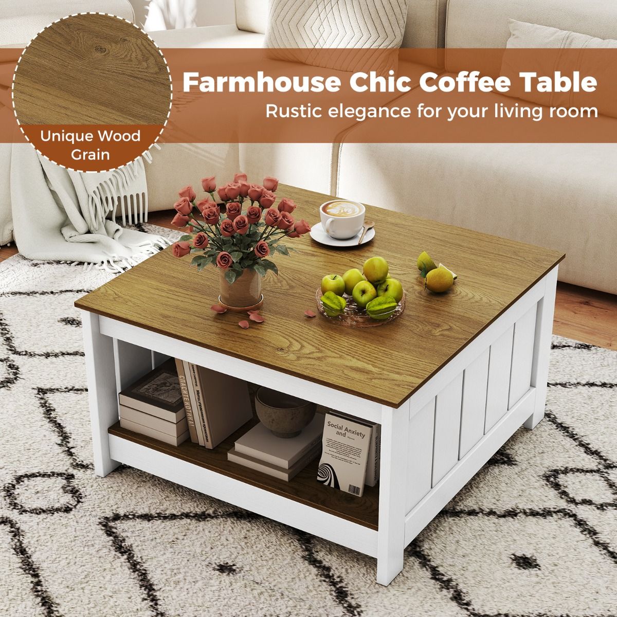Coast Salontafel Hout - 2-laags - Opbergruimte - Naturel en Wit - 80 x 80 x 45 cm
