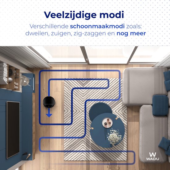Wadu Robotstofzuiger – Met dweilfunctie, 2500Pa zuigkracht & 600 ml stofbak – 120 min batterijduur – Ø32 x 7,8 cm – Zwart