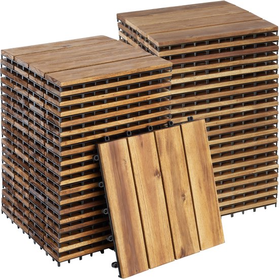 tectake® - Houten Tuintegels - Weerbestendig - Vloerbedekking voor balkon - Vloertegels - Balkonvloer - Terrastegels met kliksysteem - Drainage - set van 40