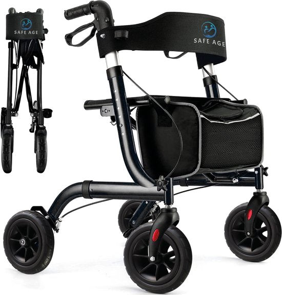 SafeLife® Rollator lichtgewicht en opvouwbaar - zitfunctie - voor binnen en buiten - Rugleuning en wandelstok houder - Zwart
