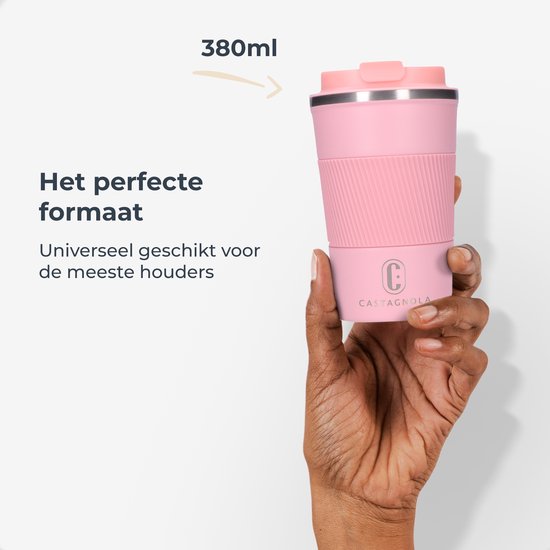 Castagnola Thermosbeker - Koffiebeker To Go - Travel Mug voor Koffie en Thee - Theebeker - 380 ML - RVS - Roze