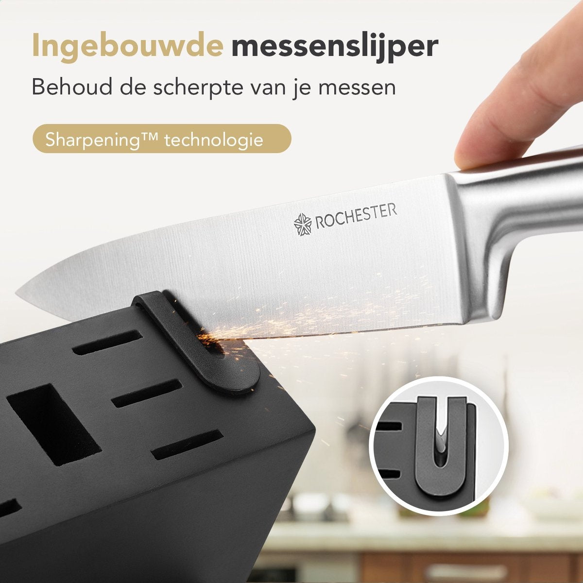 Rochester 14-delige Messenset met Blok en Messenslijper - Keukenmessen met Messenblok - RVS - Krasbestendige Coating