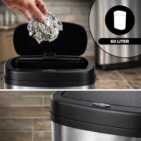 Bayt Prullenbak - Prullenbak 60 Liter - Prullenbak met Sensor - Vuilnisbak - Afvalbak - Metaal - Zilver