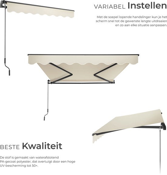 tectake® Zonnescherm met Knikarm - 250 x 200 cm - Zonneluifel - Zonwering voor Raam, Balkon, Buiten - Te Monteren aan Muur - Water- en UV-Bestendig - Beige