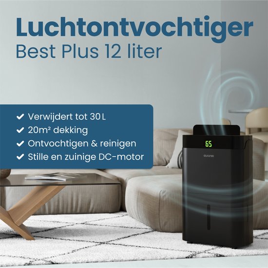 Auronic Luchtontvochtiger en Luchtreiniger - Better Plus Series - Ontvochtigt 12L per dag - 5L Waterreservoir - Slaapkamer, Badkamer, Woonkamer en Kantoor - Vochtvreter voor in Huis - Zwart
