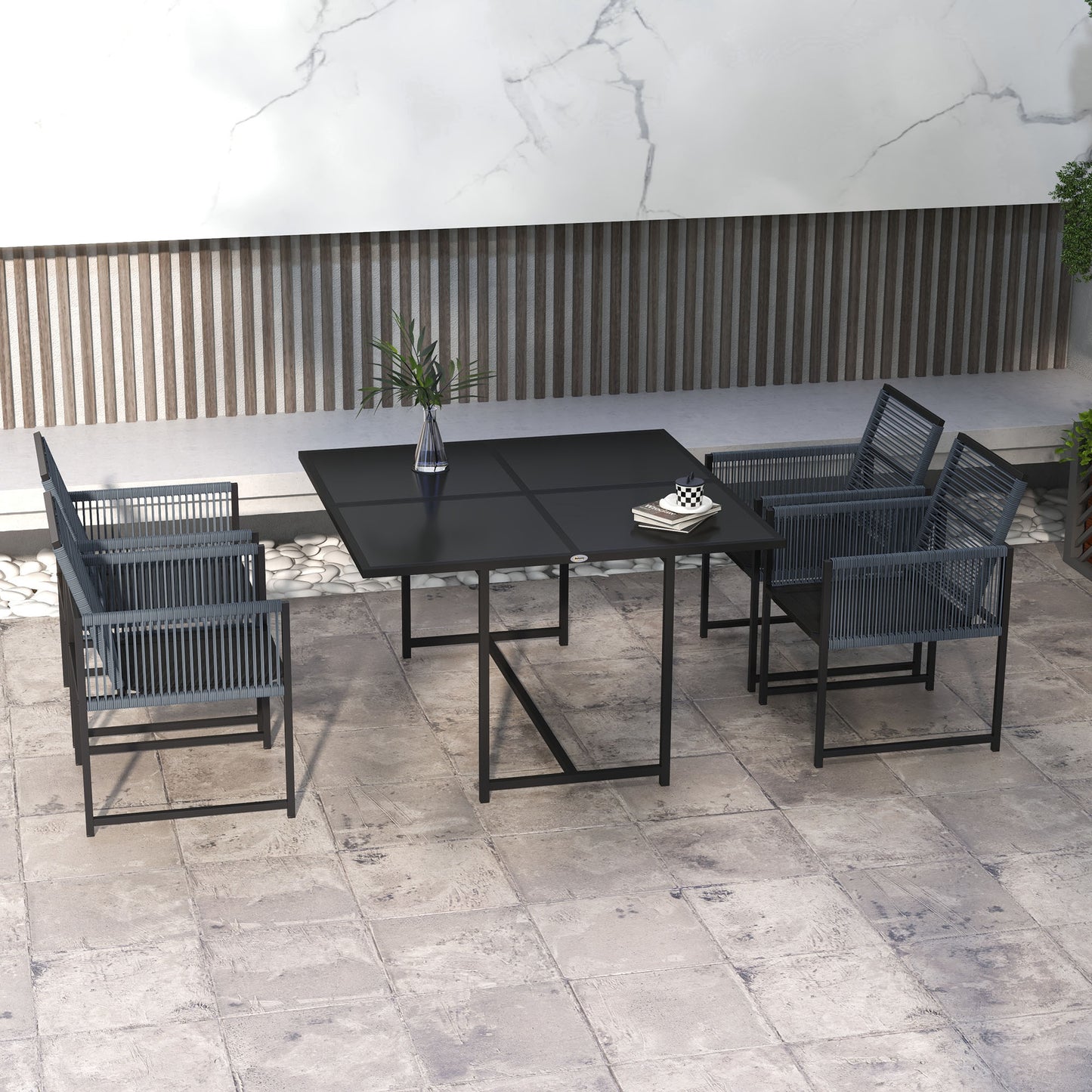 Outsunny 5-delige Tuinmeubelset voor 4 Personen - Tafel 120 x 120 x 72 cm - 4 Opvouwbare Stoelen - Gehard Glas - Donkergrijs