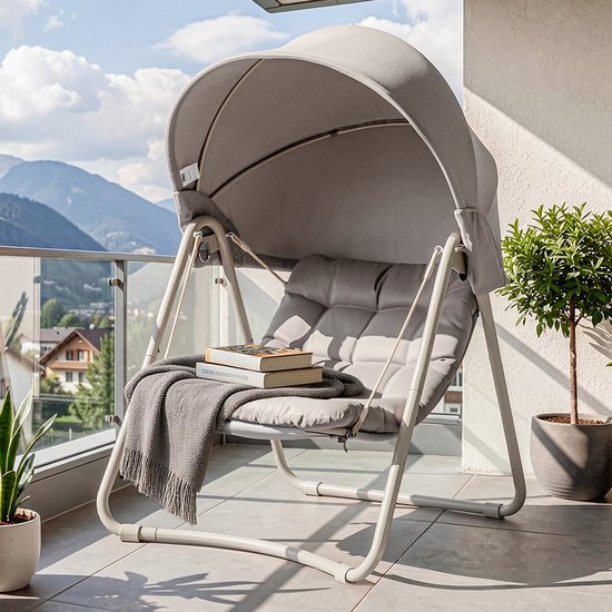 SoBuy OGS62-MI Schommelstoel met verstelbare parasol - Voor Binnen en Buiten - hangmat en Tuinstoel voor buiten - beige, 108 x 126 x 163 cm