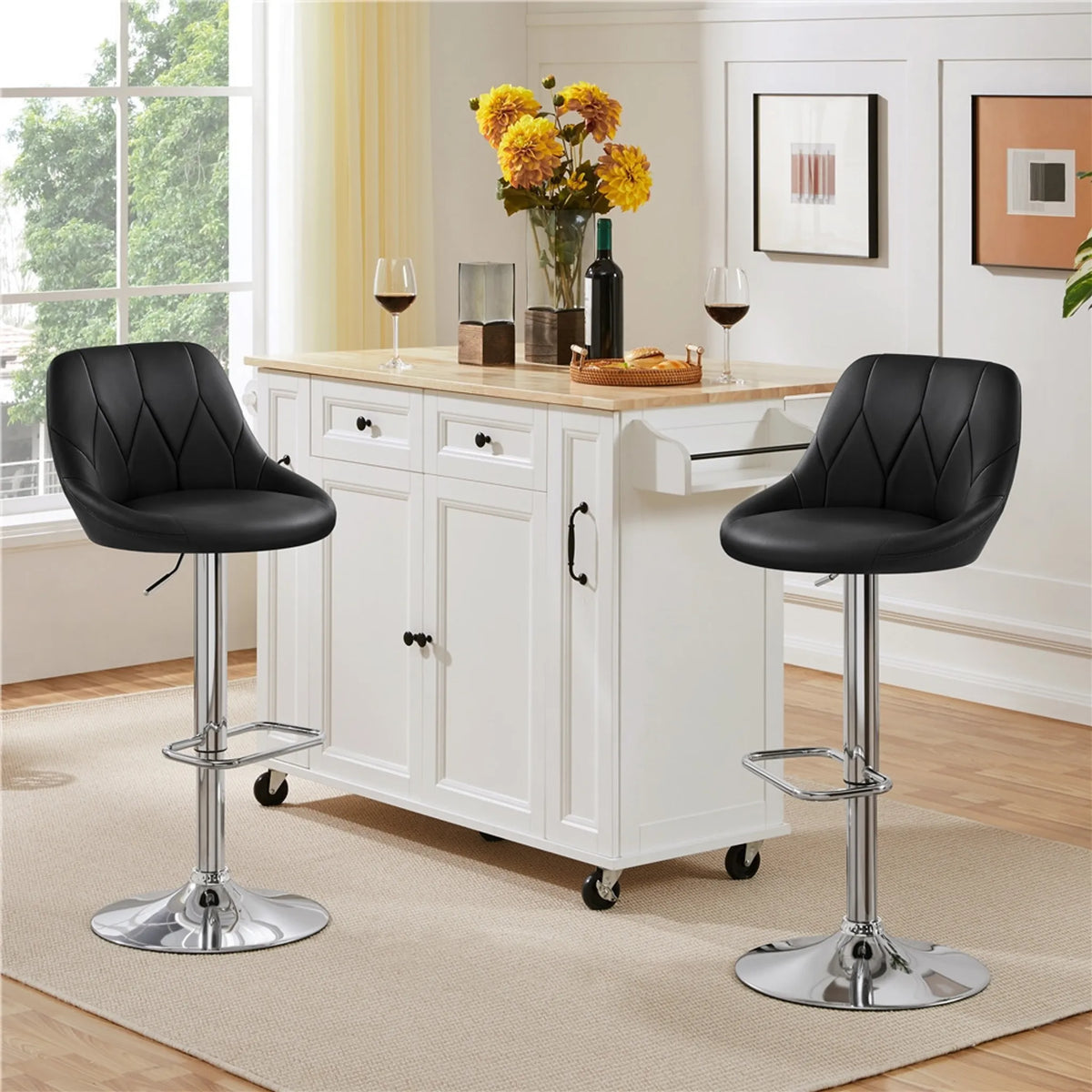 Yaheetech Set van 2 Verstelbare Barstoelen met Rugleuning 86-107,5 cm – Strak Zwart – Kunstleder en Metaal