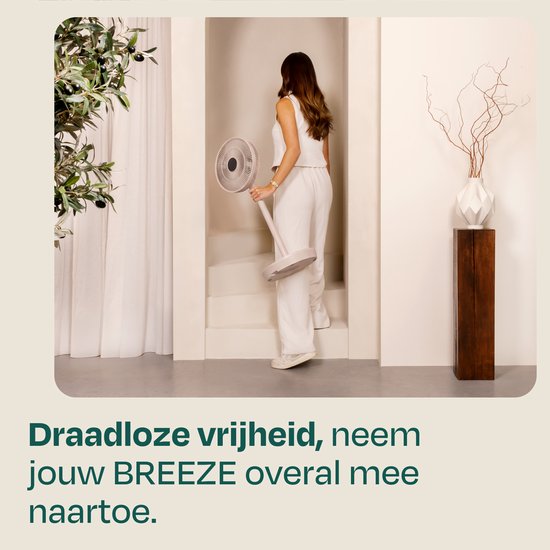 VONROC BREEZE Draadloze Ventilator – Fluisterstil (<44 dB) – 24 snelheden – lichtgewicht en draagbaar - 3 windmodi: Natuurlijk, Slaap, Normaal – Modulair: tafelventilator én vloerventilator – Luxe touch display – Incl. afstandsbediening – Beige
