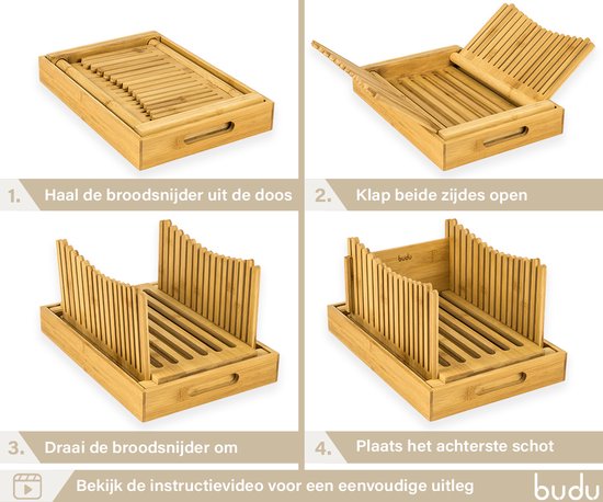 Budu broodsnijder bamboe – Broodsnijder hulpmiddel - Broodplank hout – Broodsnijplank met opvangbak - Bamboe - 30x20cm