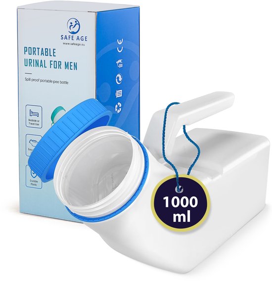 Safe Life Urinoir Voor Mannen – Voorzien Van Fluorescerende Schroefdop En Ergonomische Handgreep En Brede Opening – Voor Thuis En Onderweg – Transparant En Wit Plastic – Eén Liter