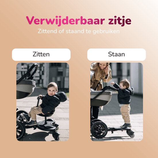 HeppieBabie Universeel Meerijdplankje Deluxe - Met Zitje - Voor Kinderwagen/Buggy - Buggy Board - Met Ebook