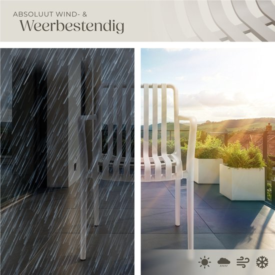 tectake® Set van 4 Tuinstoelen Alcudia - Taupe - Kunststof Stoelen met Armleuning- Stapelbaar - Stoelen voor Tuin, Terras of Balkon - Weerbestendig en UV-bestendig - Draagkracht 120kg per Tuinstoel
