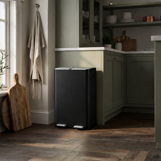 Bayt Prullenbak - Prullenbak 60 Liter (2x30) - Vuilnisbak 60 Liter - Pedaalemmer 60 Liter - Prullenbak Afvalscheiding - Prullenbak 2 Vakken - Afvalbak - RVS - Zwart/Zilver
