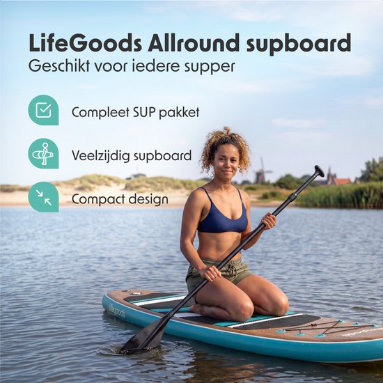 LifeGoods PaddlePro SUP Board - Opblaasbaar Paddle Board - Complete Set - Max. 150KG - 320x81cm - Hout/Blauw
