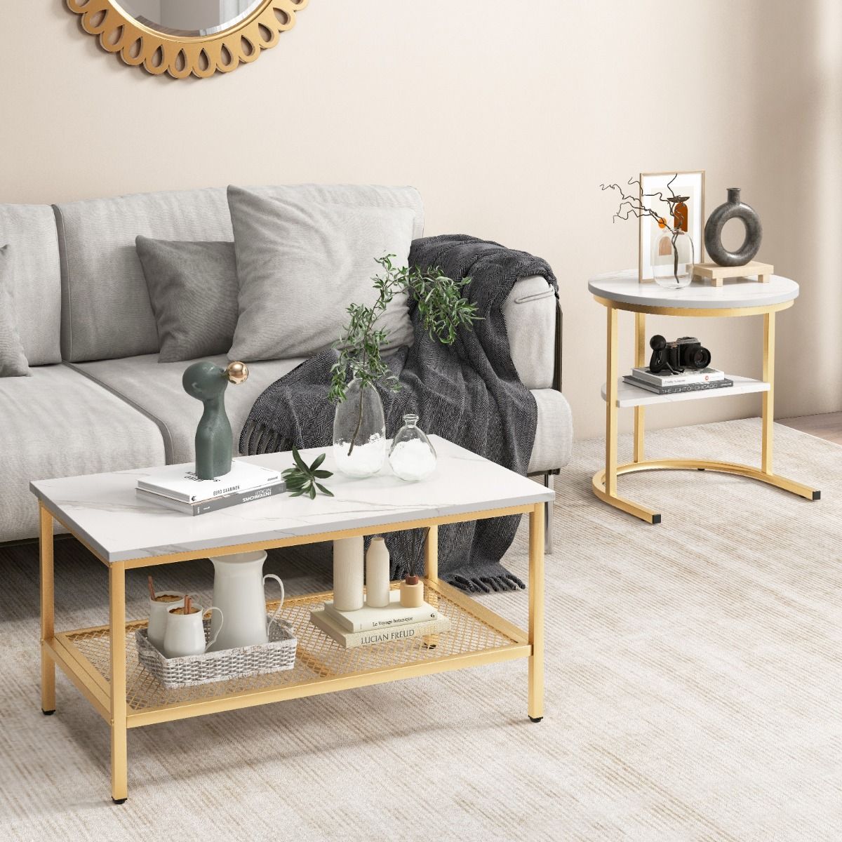 Coast Set van 2 Bijzettafels - Marmerlook tafelblad - Gouden metalen frame - Rond en rechthoekig