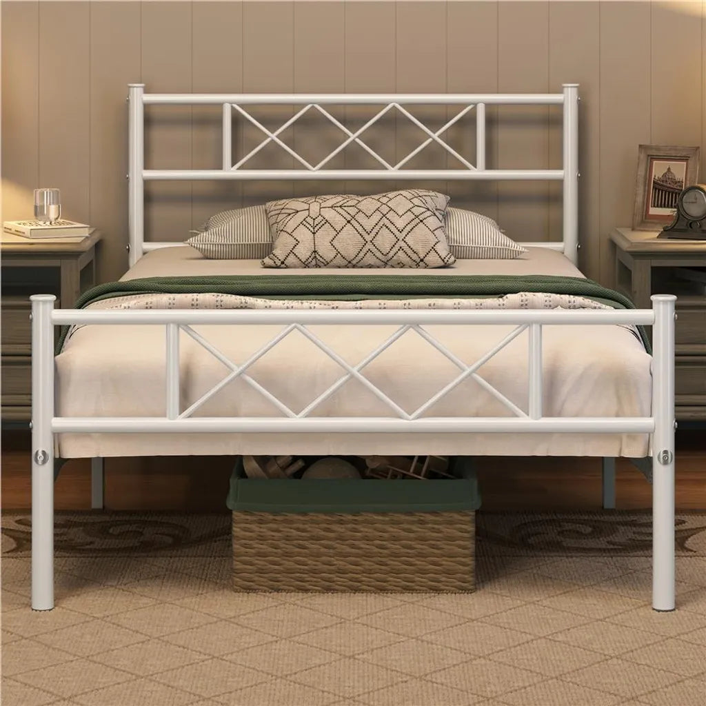 Yaheetech Bedframe 90 × 200 cm – Wit Metaal – Eenpersoonsbed met X-Design Hoofdbord, Lattenbodem en 32 cm Opbergruimte