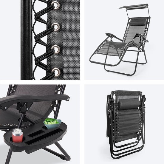 LifeGoods Opvouwbare Tuinstoelen - met Luifel - Verstelbaar Zonnescherm - 2 Stuks - 30°-90° Verstelbaar - Metaal - Zwart