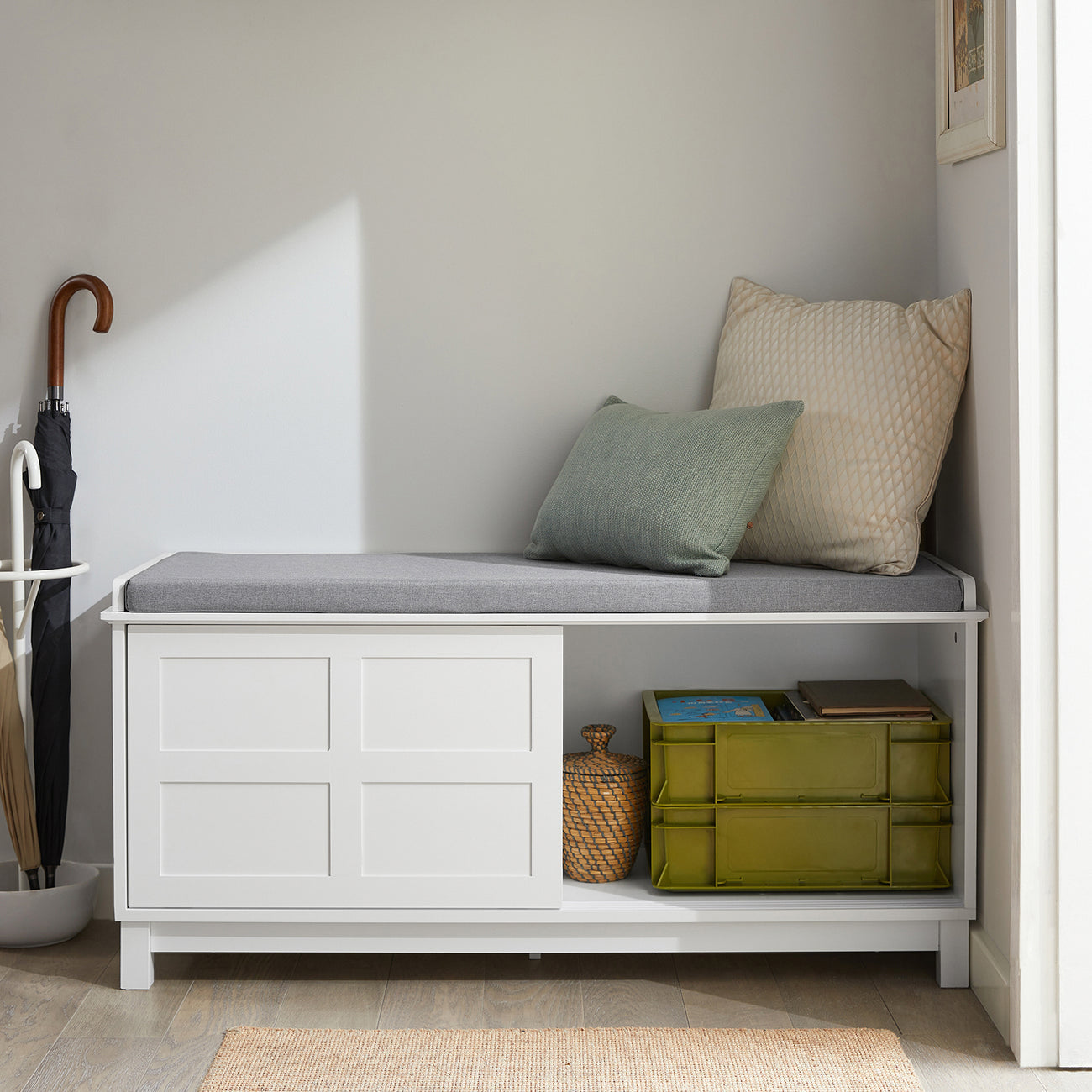 SoBuy Opbergbank met Zitkussen en Schuifdeuren – Schoenenkast voor Hal – Wit/Grijs – 114×40×53 cm
