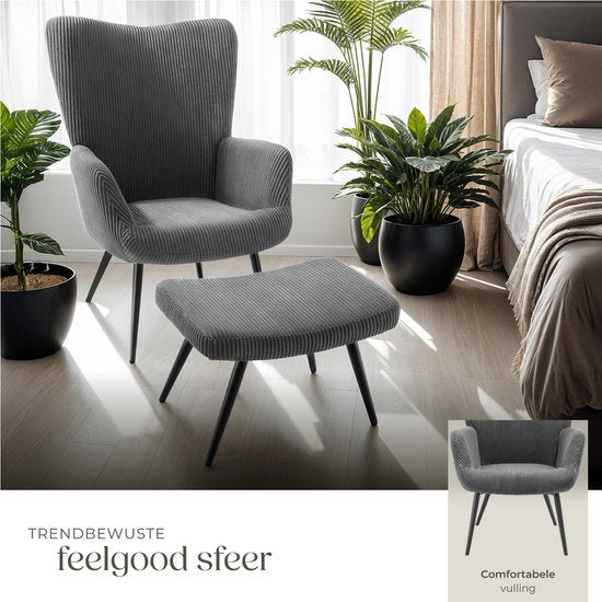 tectake® Oorfauteuil met Hocker – Scandinavische Teddy Bouclé Fauteuil – Lounge- en Woonkamerstoel – Zwart Metalen Poten – Draagvermogen 150kg – Corduroy - Grijs