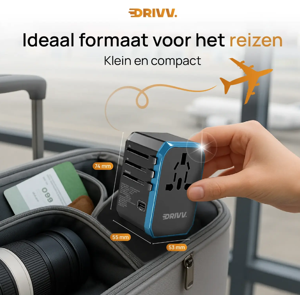 Drivv Universele Wereldstekker USB C - 6 Poorten - 2300W - Geschikt voor 150+ Landen