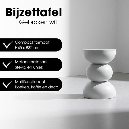 Mica Decorations Luna Bijzettafel - Salontafel Rond voor de Woonkamer - Nachtkastje van Stevig IJzer voor de Slaapkamer - Rond Tafeltje voor Planten en Binnen - H46 x Ø32 cm - Off-white