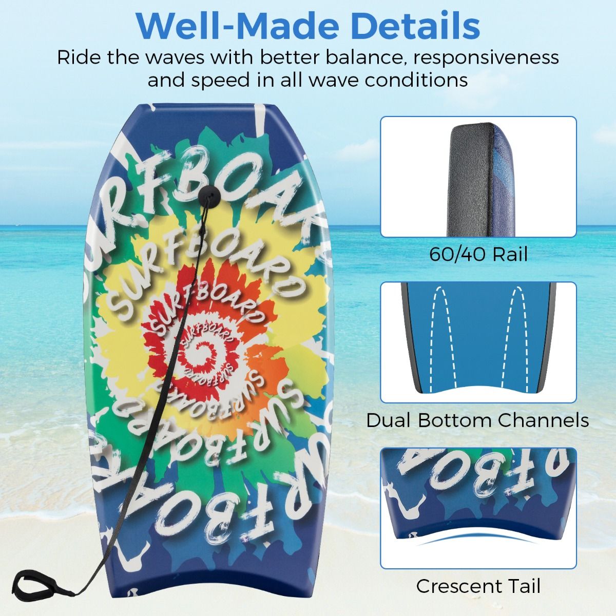 Coast Bodyboard voor kinderen - lichtgewicht surfplank - met polsband - 84 cm - blauw